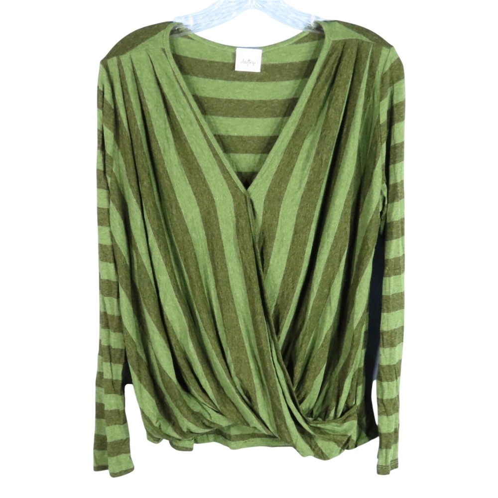 DAYTRIP Buckle TWO TONE GREEN STRIPES Wrap Twist Front SUPER SOFT KNIT TOP sz XL